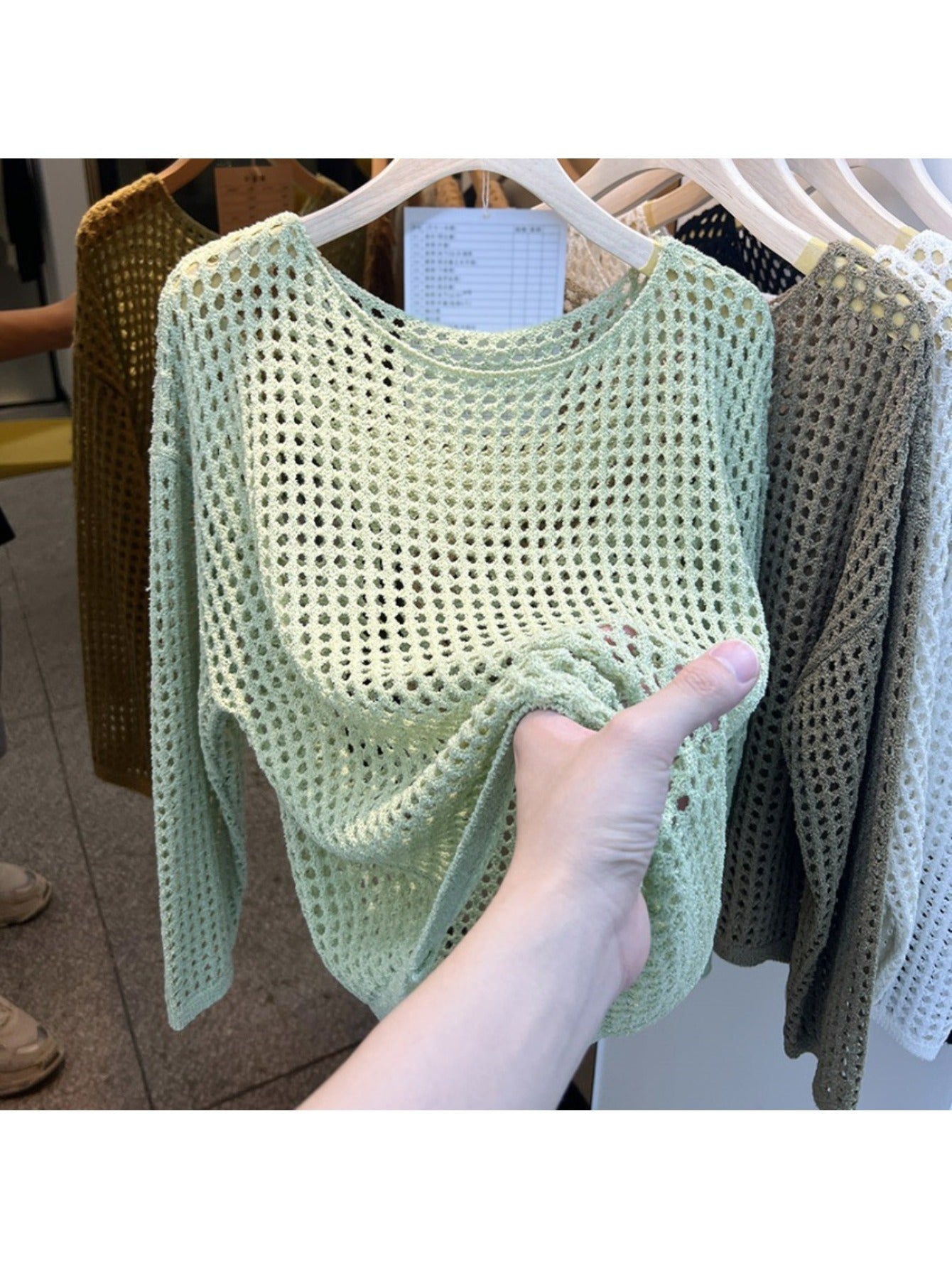 Women's Openwork Sweater - Crew Neck Long Sleeve detail view