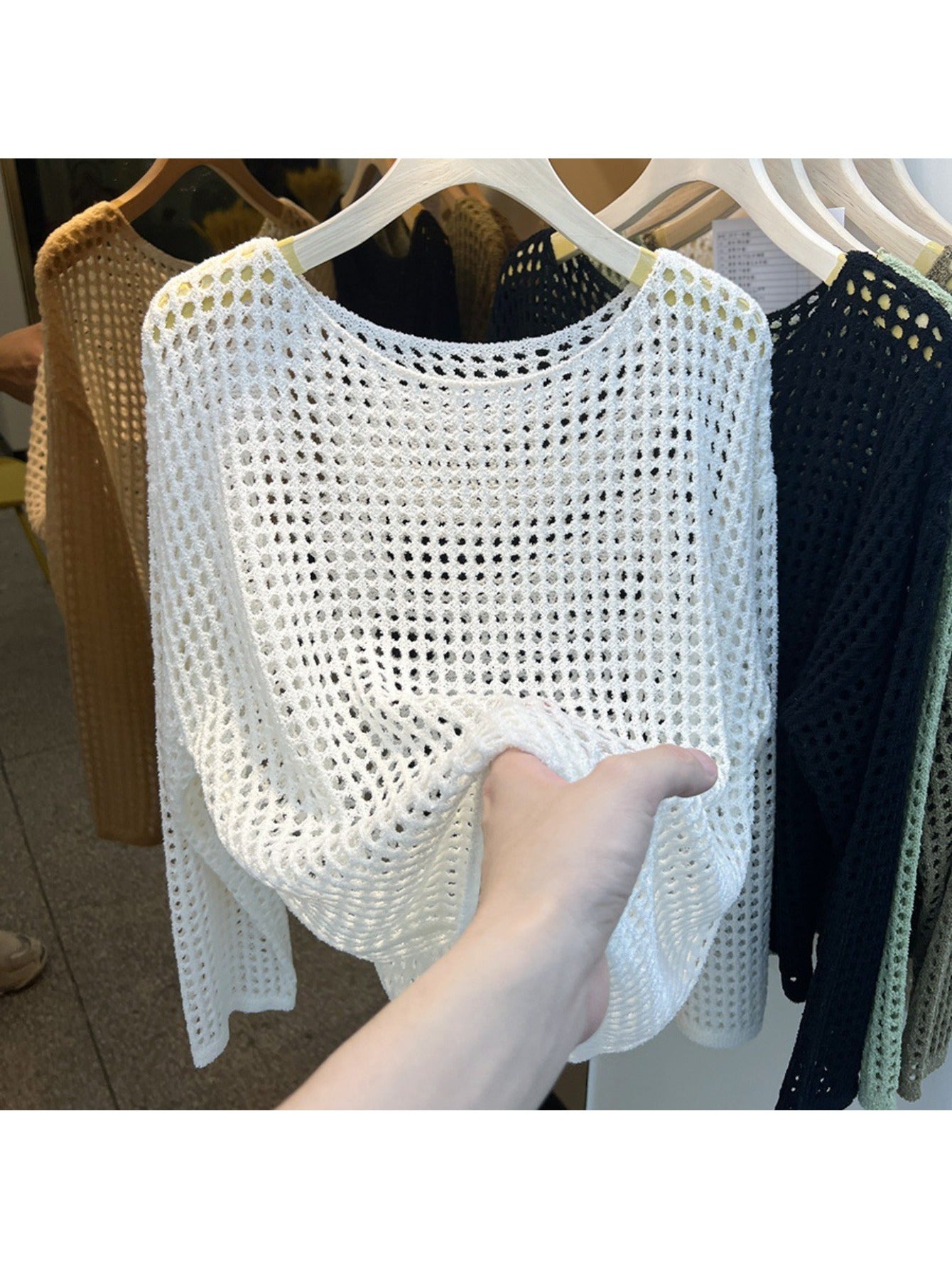 Women's Openwork Sweater - Crew Neck Long Sleeve detail view