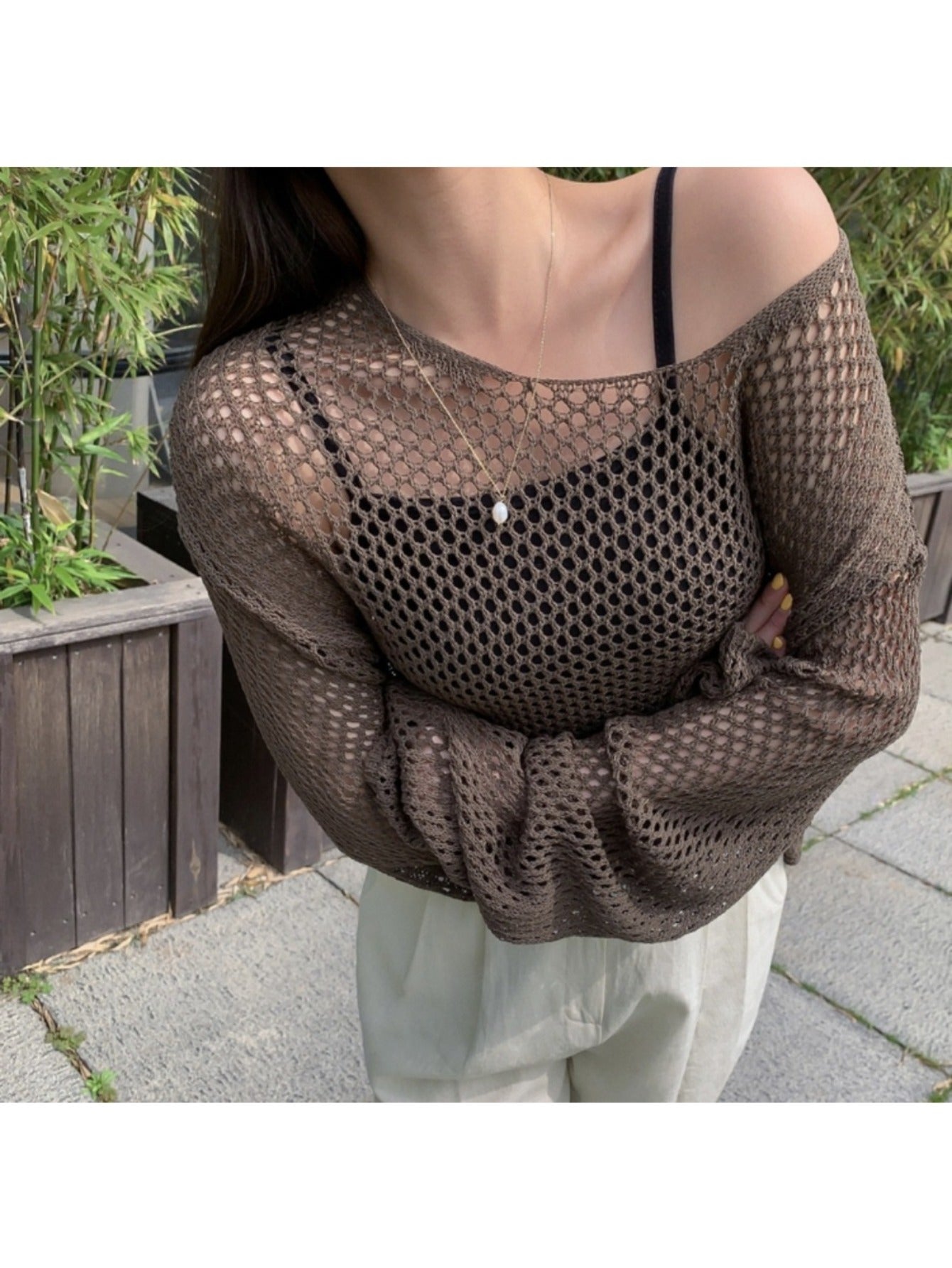Women's Openwork Sweater - Crew Neck Long Sleeve – Brown option – view 2