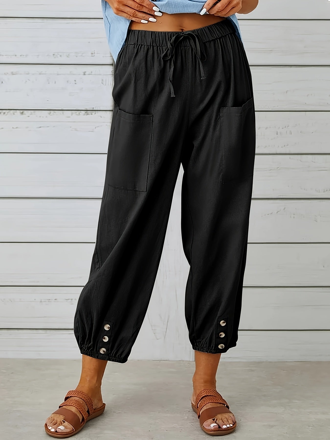 Women's Outfit Set – Women's Black, White, Blue Linen High-Waist Oversized Wide-Leg Pants – view 5