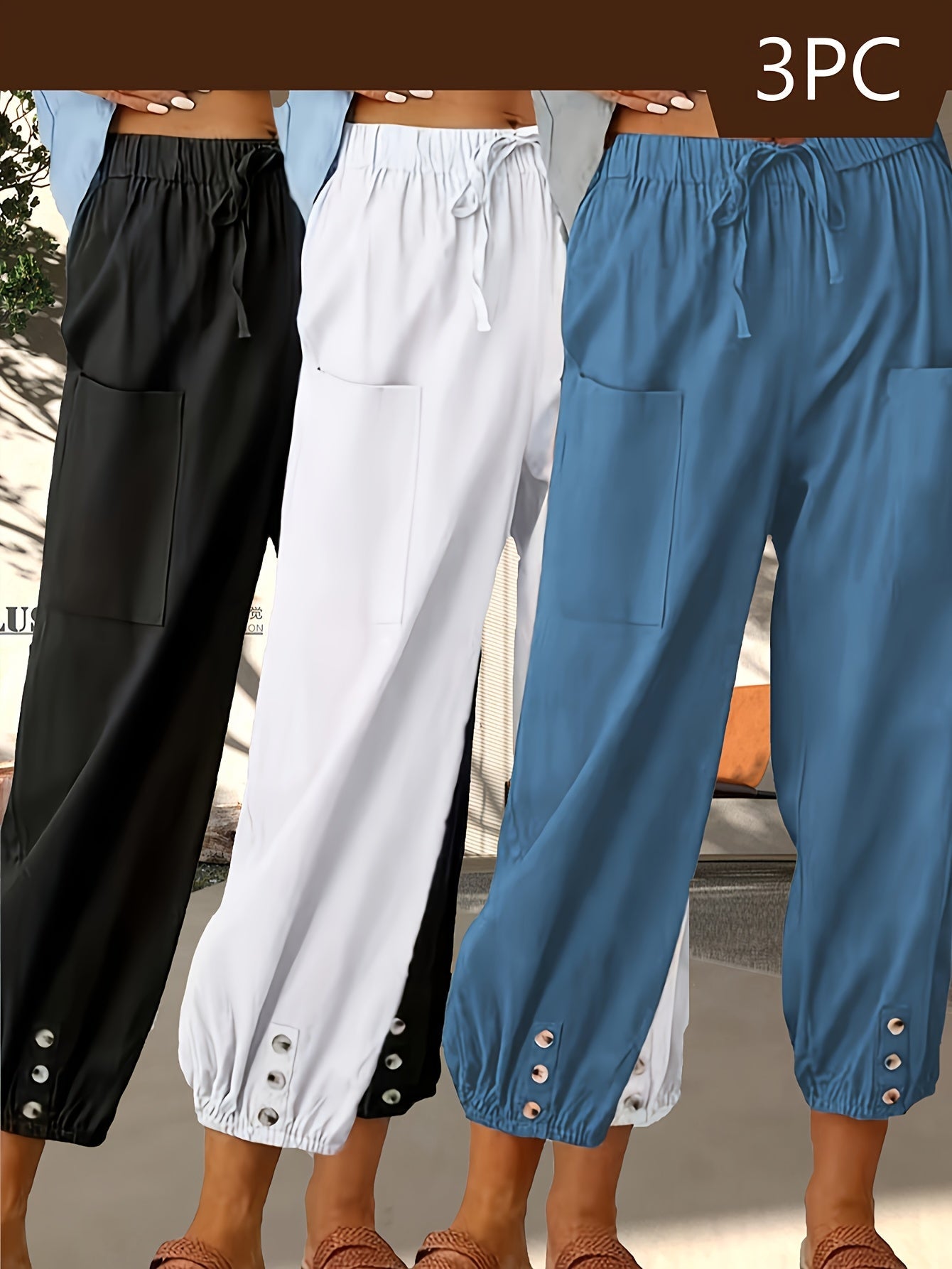 Women's Outfit Set – Women's Black, White, Blue Linen High-Waist Oversized Wide-Leg Pants – Black option – view 2