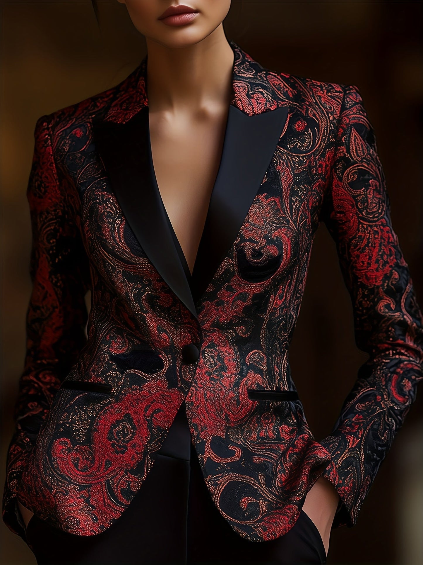 Women's Paisley Print Blazer - Longline Stain-Stitch Detail detail view