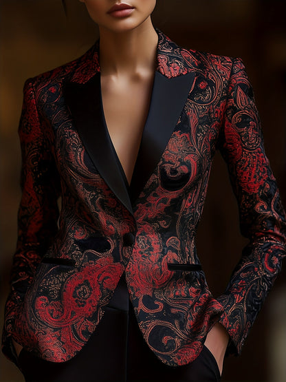 Women's Paisley Print Blazer - Longline Stain-Stitch Detail detail view