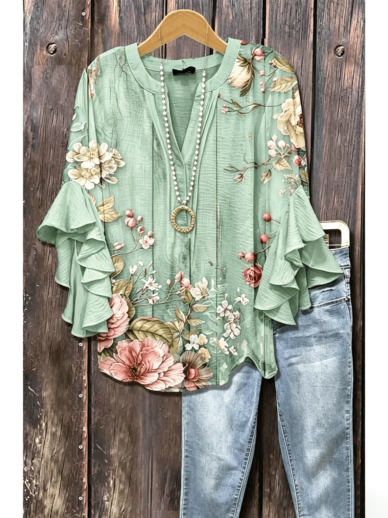 Women's Paisley Print Blouse - V-Neck Three-Quarter Sleeve detail view