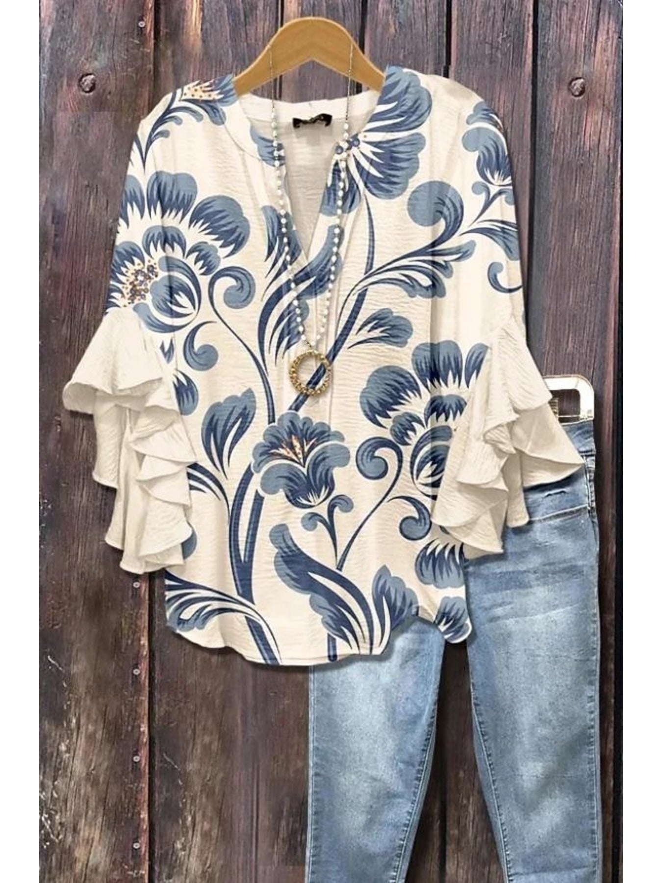 Women's Paisley Print Blouse - V-Neck Three-Quarter Sleeve detail view