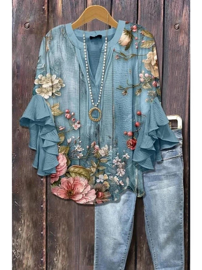 Women's Paisley Print Blouse - V-Neck Three-Quarter Sleeve – Blue option – main product image
