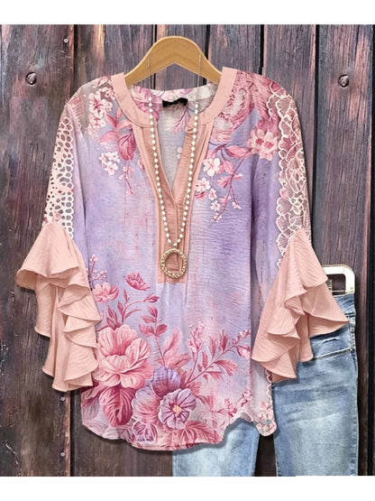 Women's Paisley Print Blouse - V-Neck Three-Quarter Sleeve – Blue option – view 2