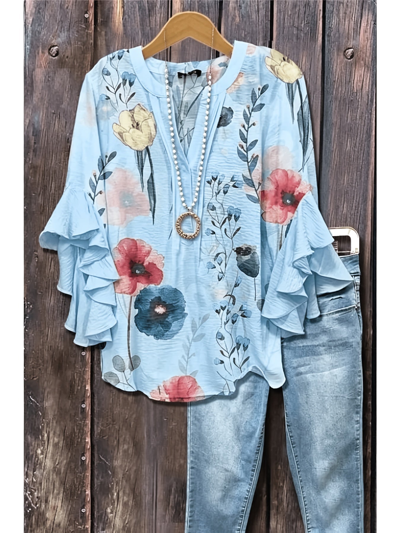 Women's Paisley Print Blouse - V-Neck Three-Quarter Sleeve – Blue option – view 6