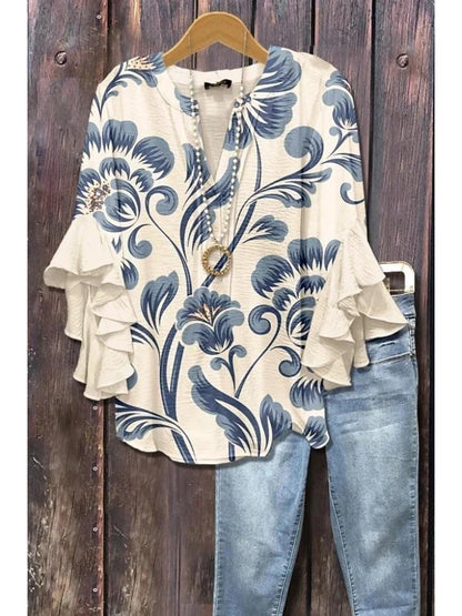 Women's Paisley Print Blouse - V-Neck Three-Quarter Sleeve – Blue option – view 7
