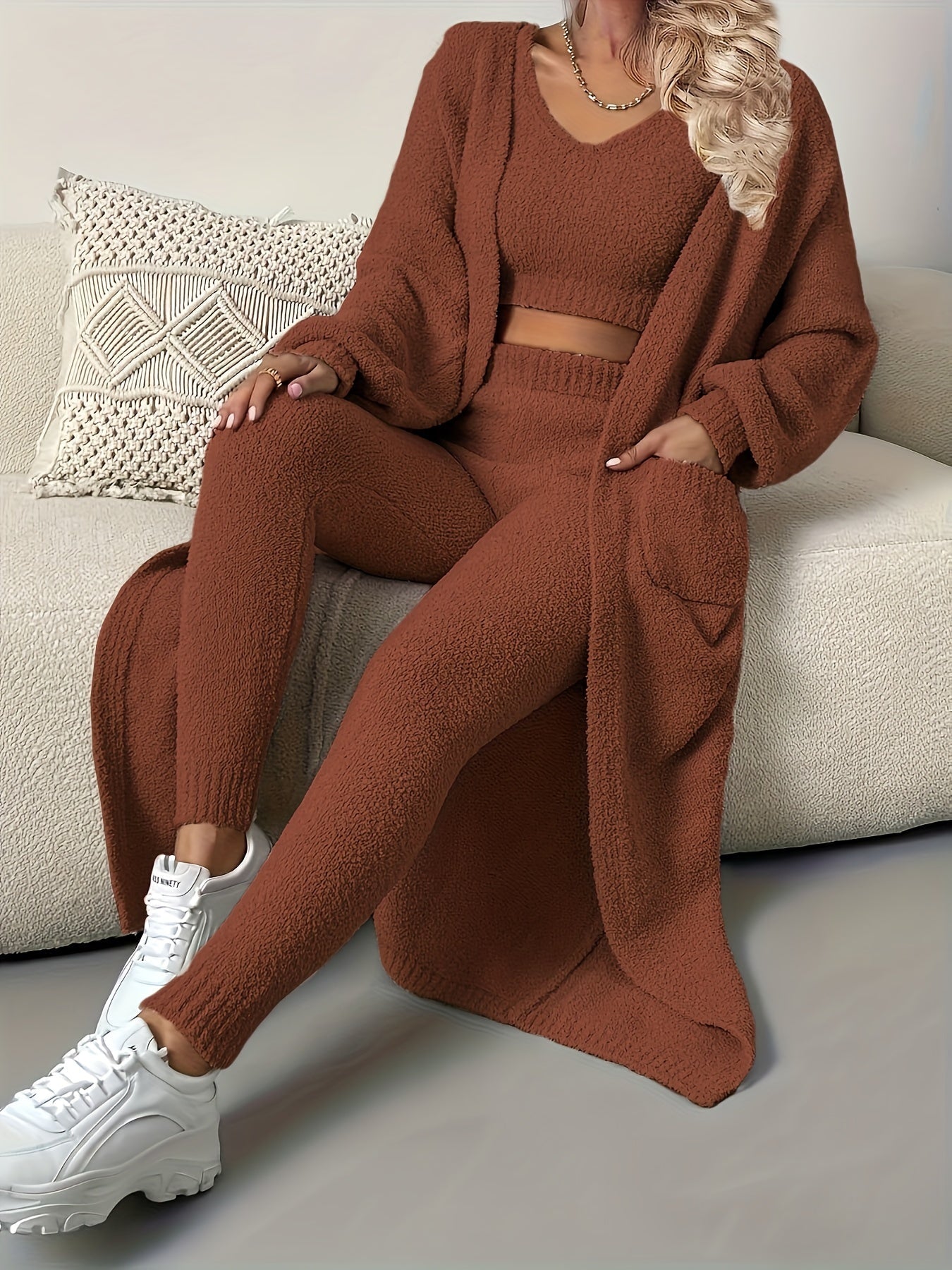Women's Pajama Set - 3-Piece Solid Color Comfort, Khaki – view 3