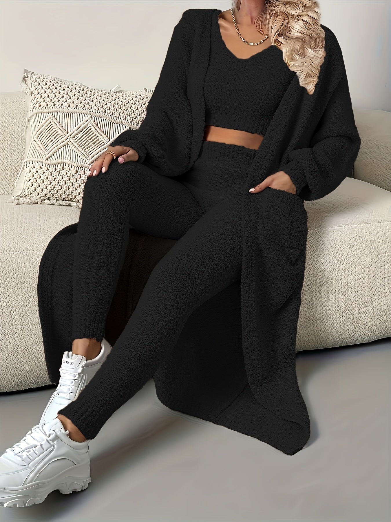 Women's Pajama Set - 3-Piece Solid Color Comfort, Khaki – view 4