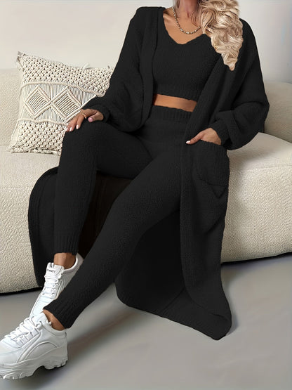 Women's Pajama Set - 3-Piece Solid Color Comfort, Khaki – view 12