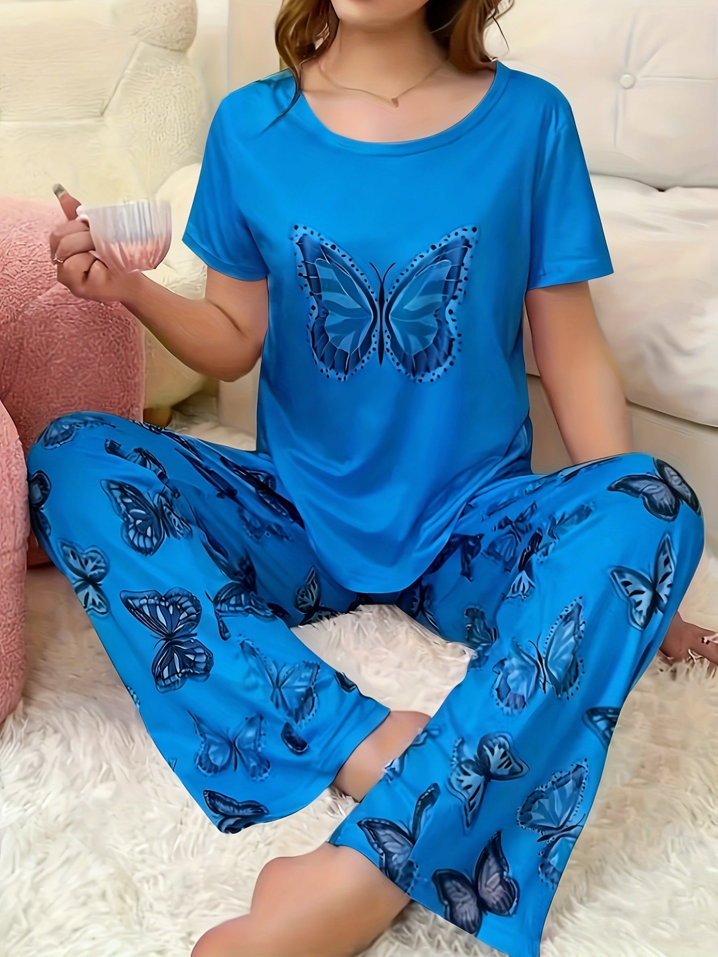 Women's Pajama Set - Butterfly Print – Khaki – view 2