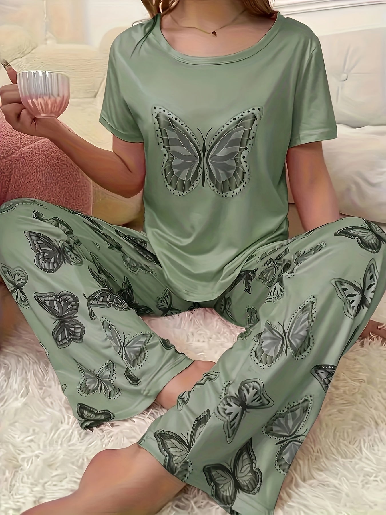 Women's Pajama Set - Butterfly Print – Khaki – view 9