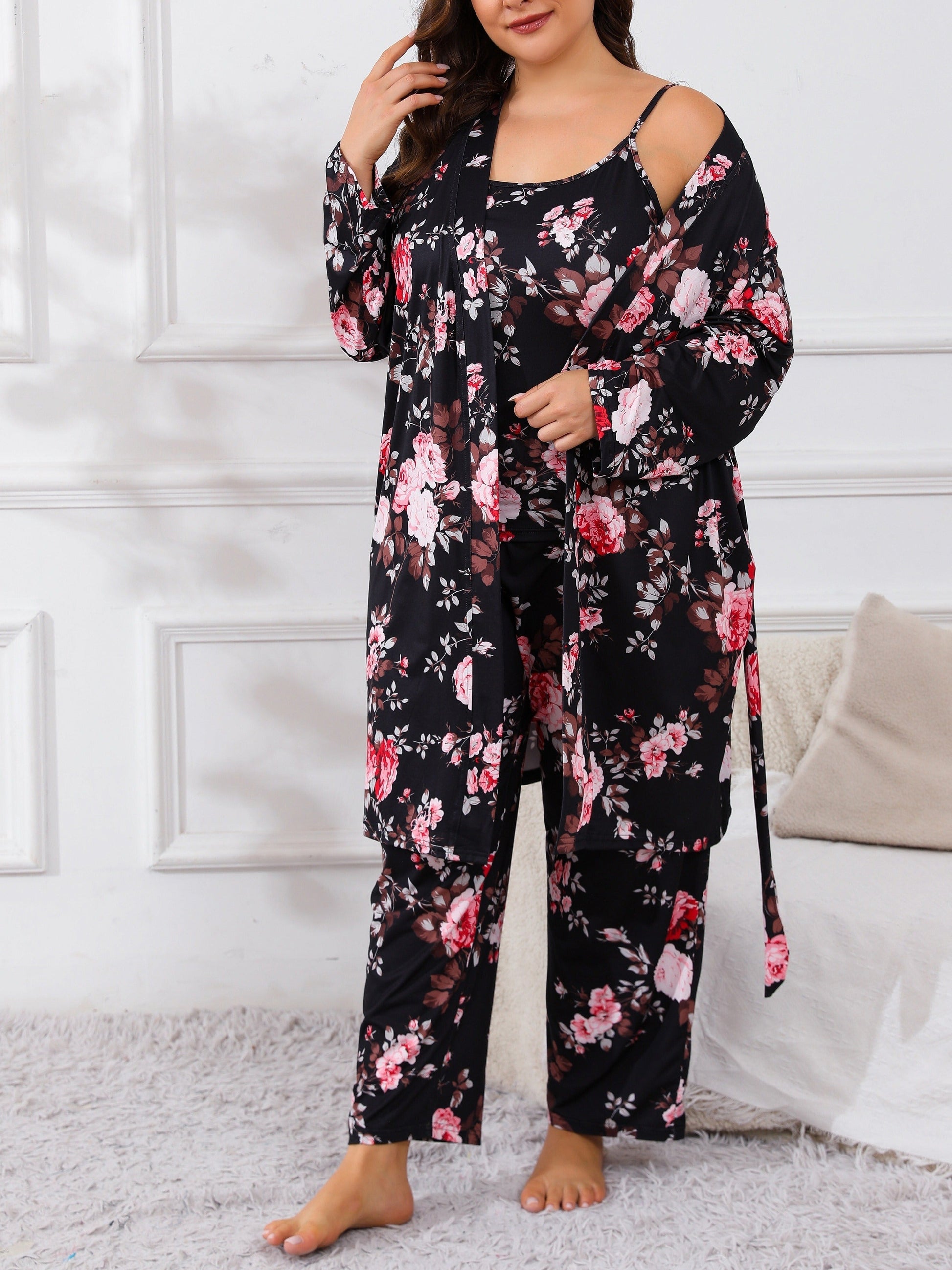 Women's Pajama Set - Floral Print – Black detail view