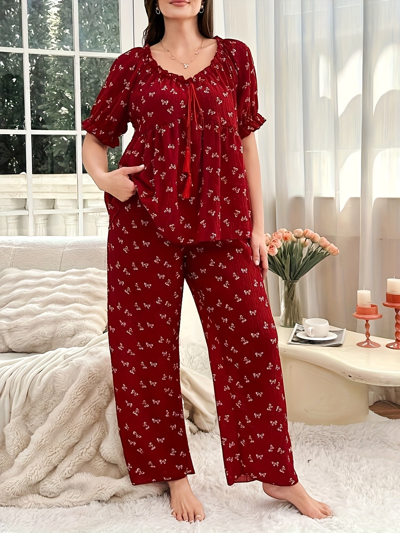 Women's Pajama Set - Graphic Print – Red – view 4