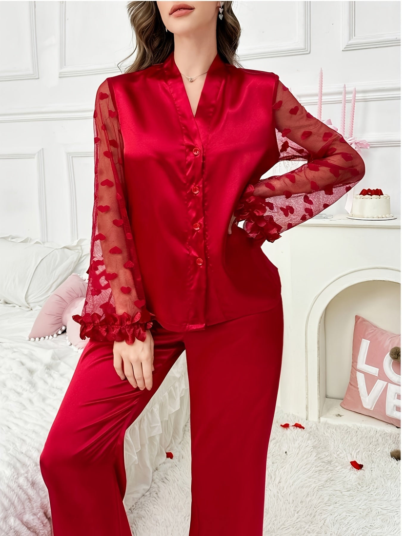 Women's Pajama Set - Graphic Print – Red / Black detail view