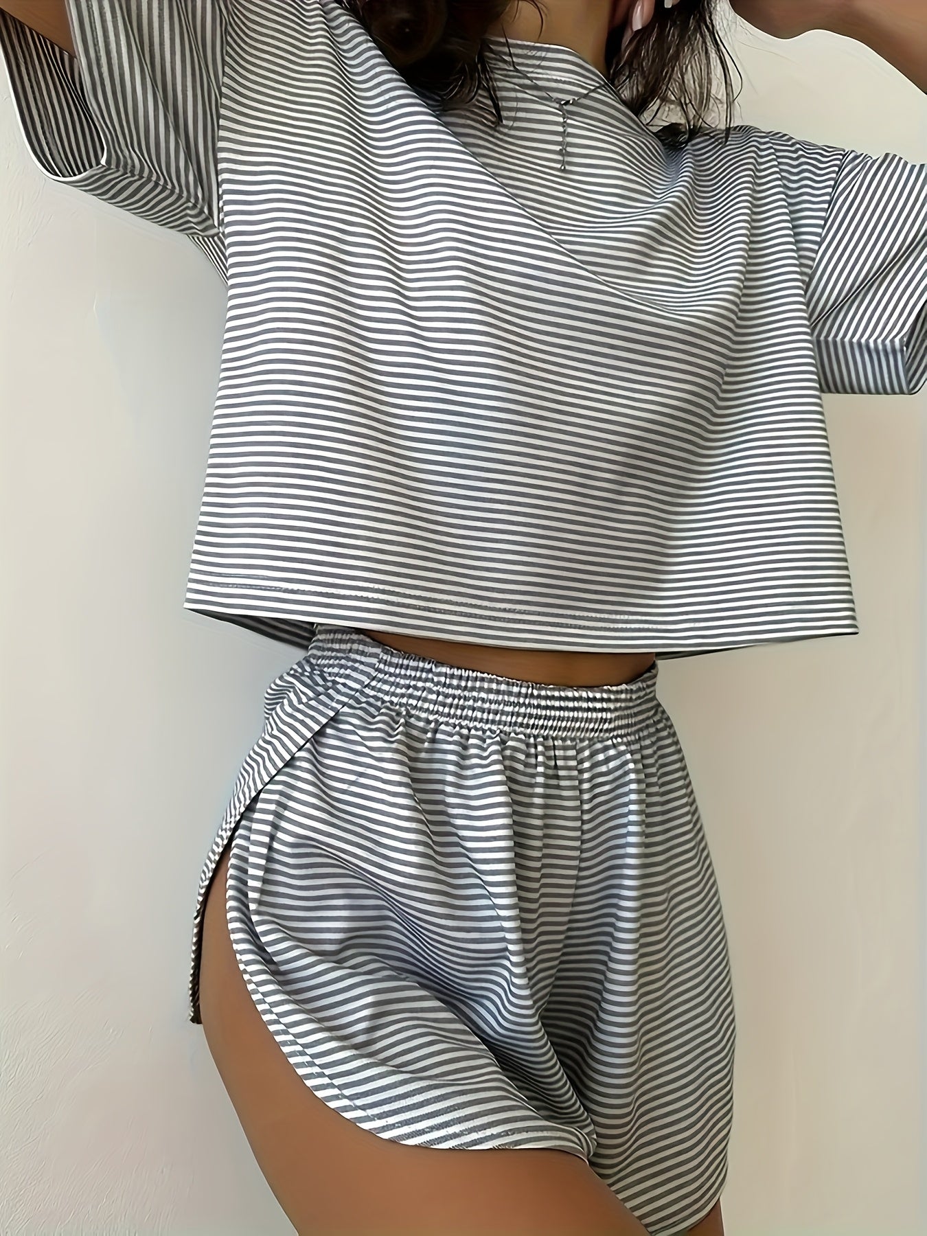 Women's Pajama Set - Striped Graphic – Gray option – view 3