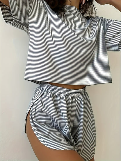 Women's Pajama Set - Striped Graphic – Gray option – view 3