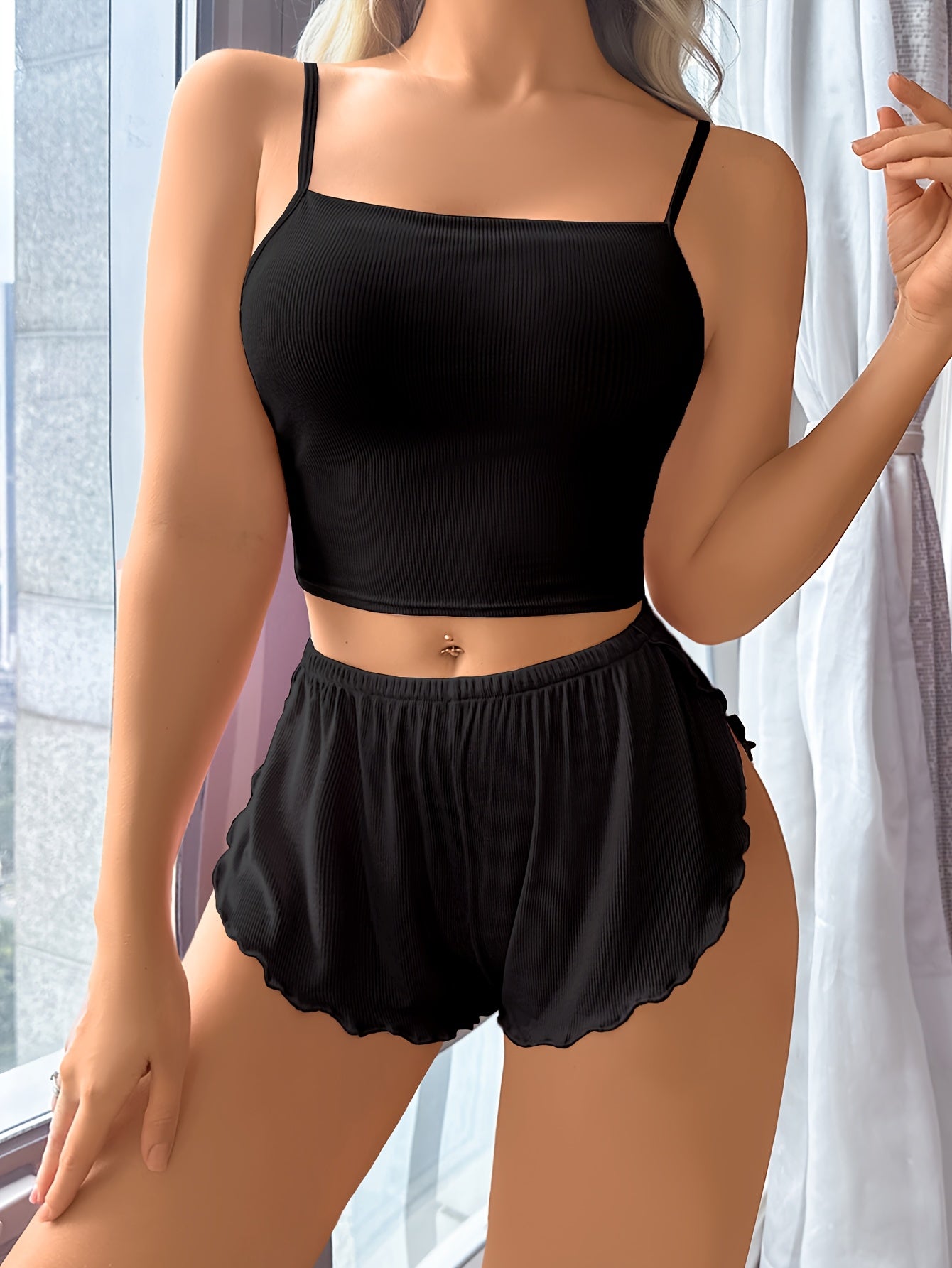 Women's Pajama Set – Women's Black Ruffle Sleeveless Shorts – view 8