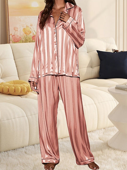 Women's Pajama Set – Women's Champagne Satin Striped Long-Sleeve Pants – main product image