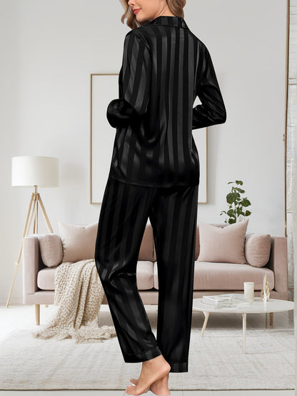 Women's Pajama Set – Women's Champagne Satin Striped Long-Sleeve Pants – view 3
