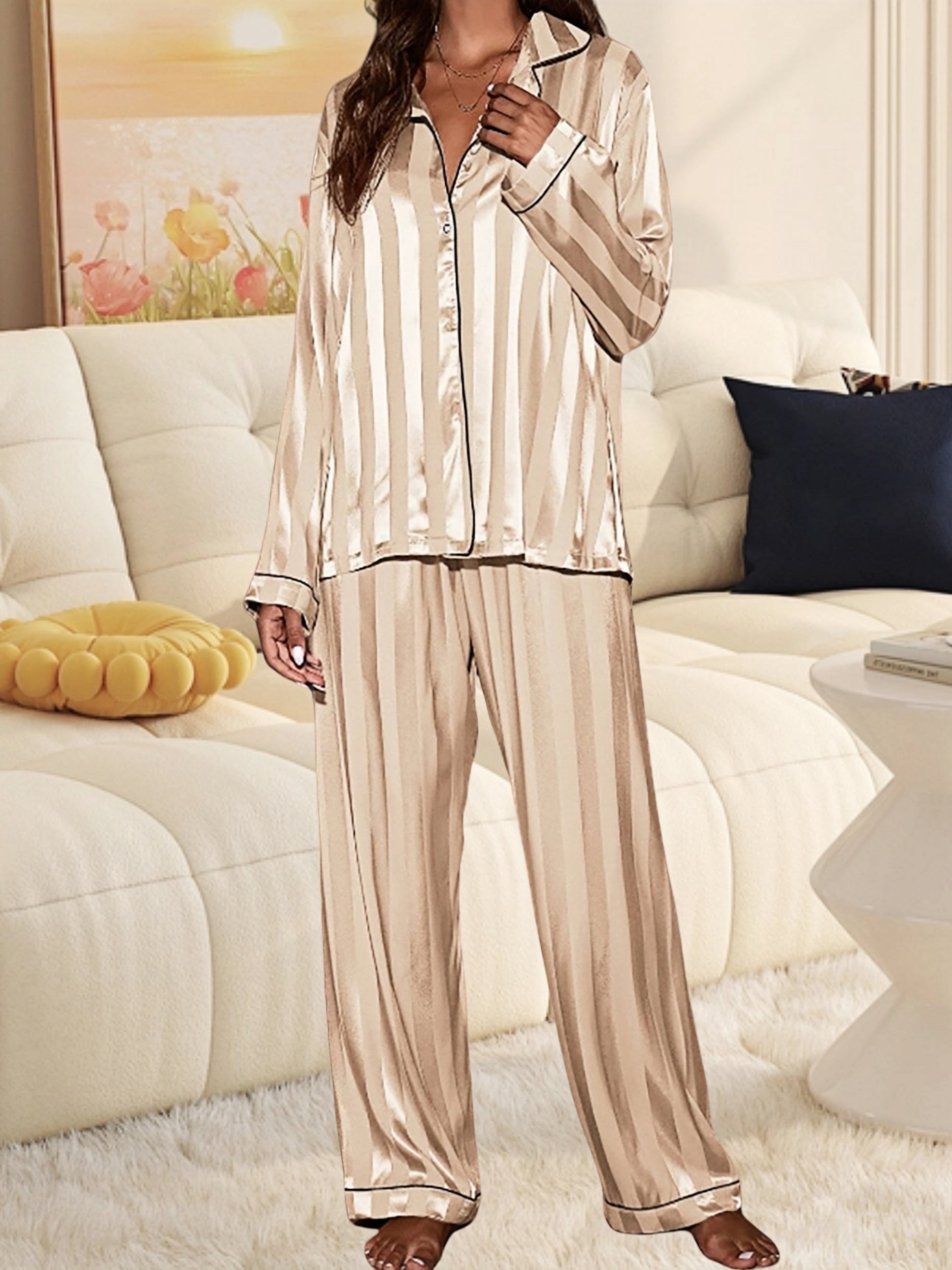 Women's Pajama Set – Women's Champagne Satin Striped Long-Sleeve Pants – view 4