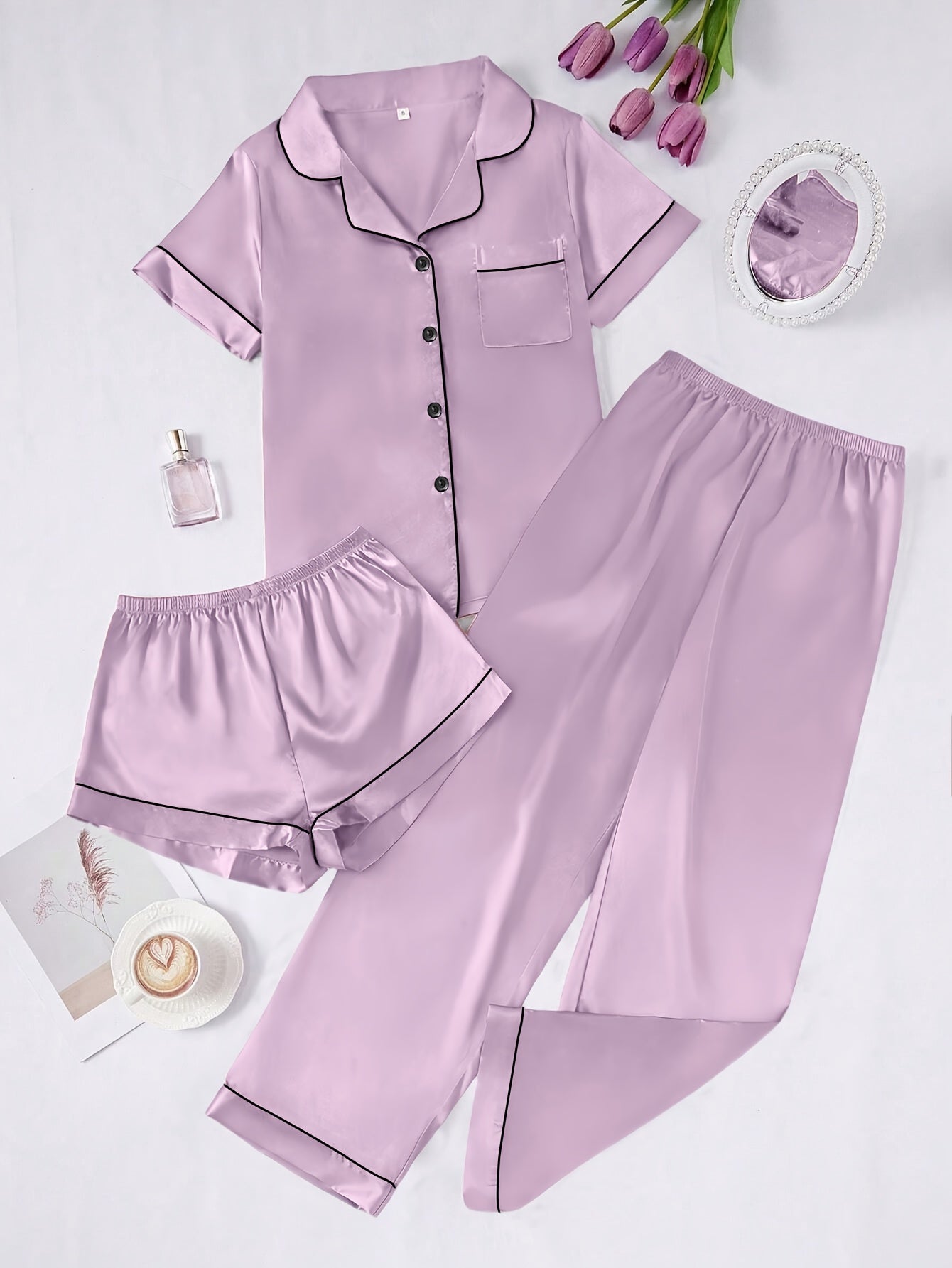 Women's Pajama Set – Women's Coffee Brown Polyester Pants – view 14