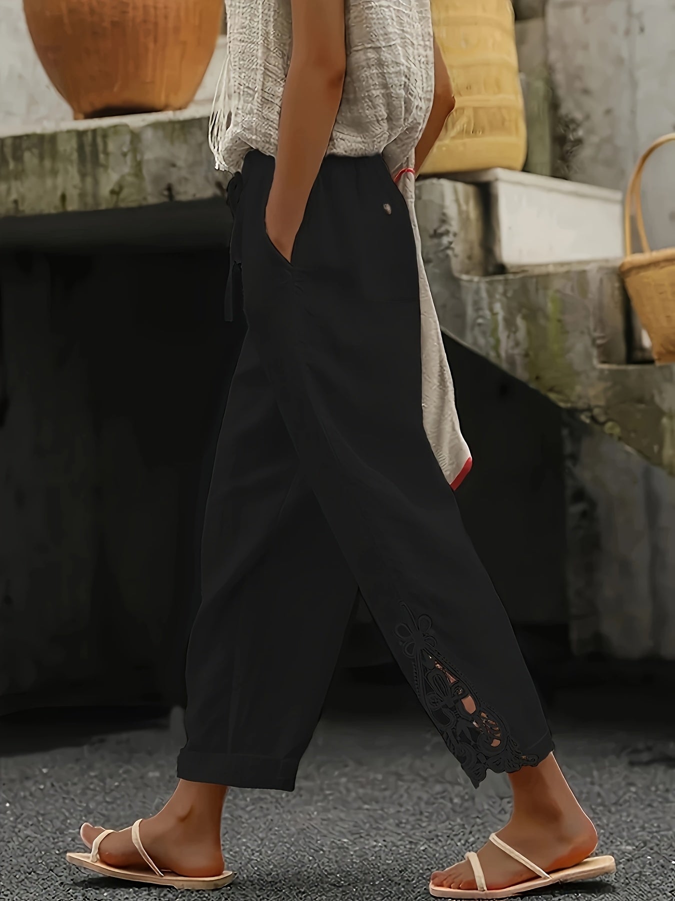 Women's Palazzo Pants - Drawstring Waist Wide leg detail view