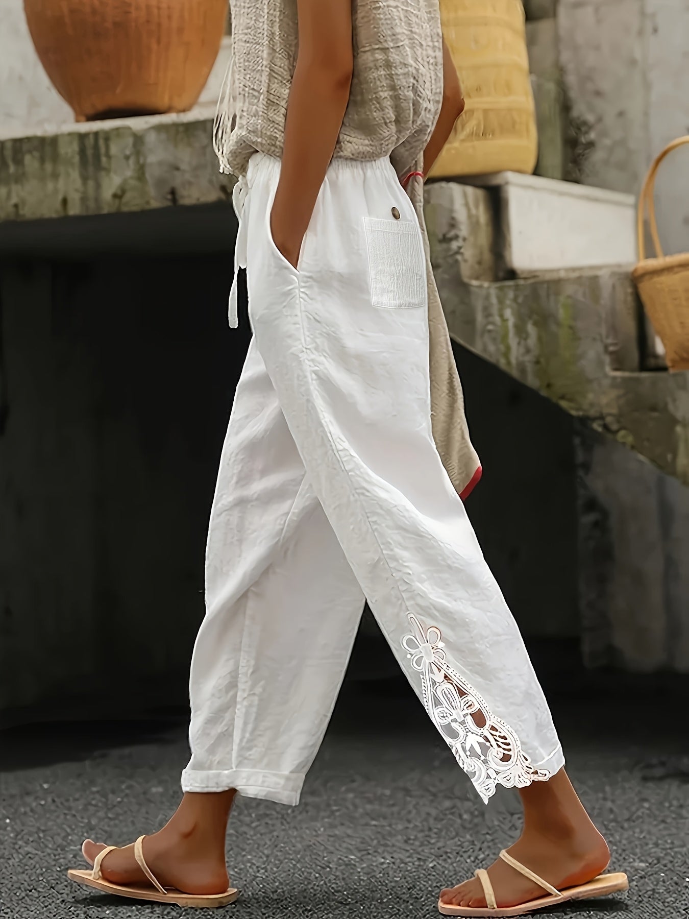 Women's Palazzo Pants - Drawstring Waist Wide leg – White option – main product image