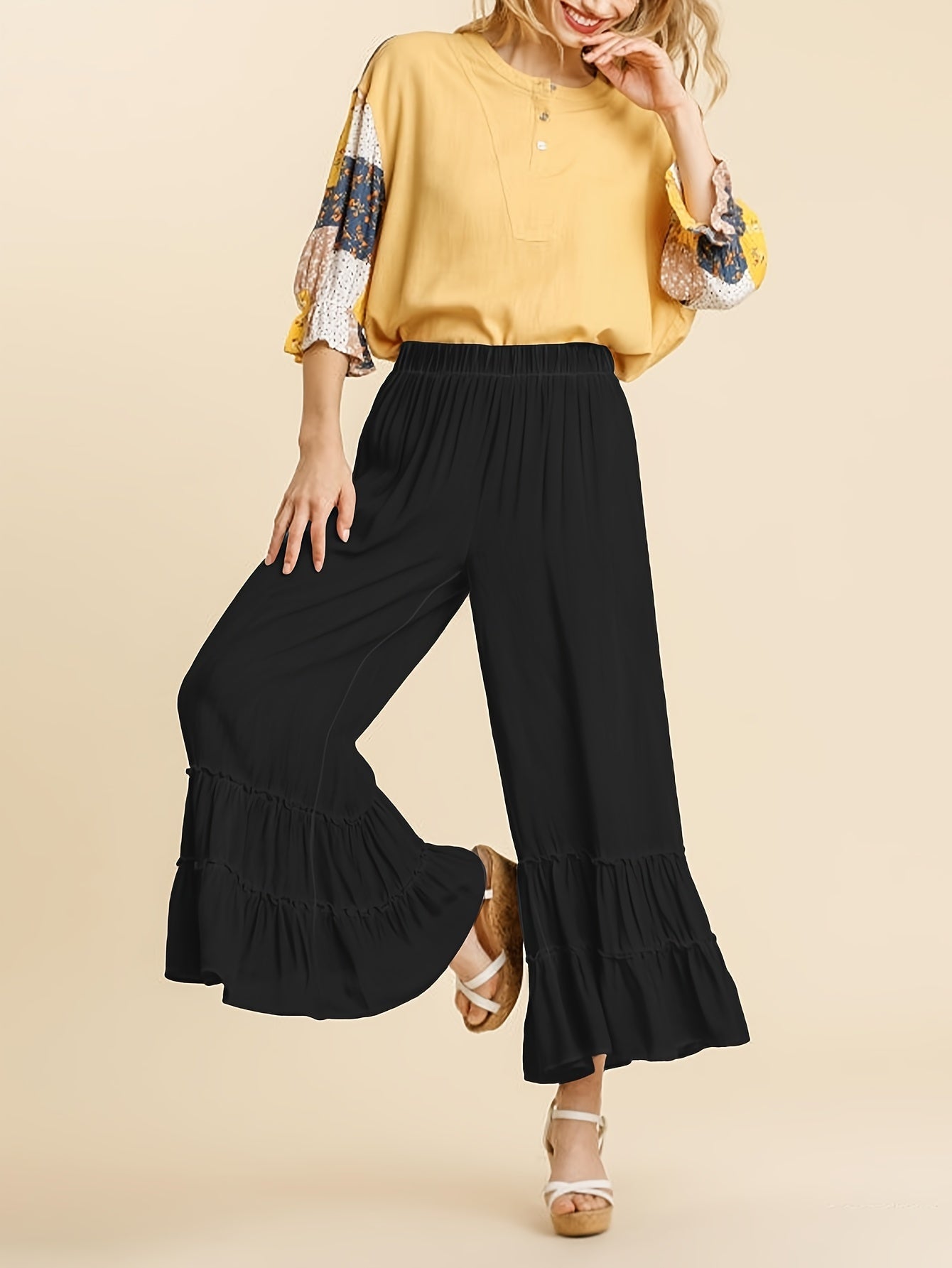Women's Palazzo Pants - High Waist Wide leg detail view