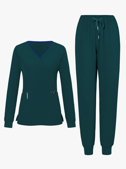 Women's Pants Set – Women's Dark Green V-Neck Long-Sleeve Pants detail view
