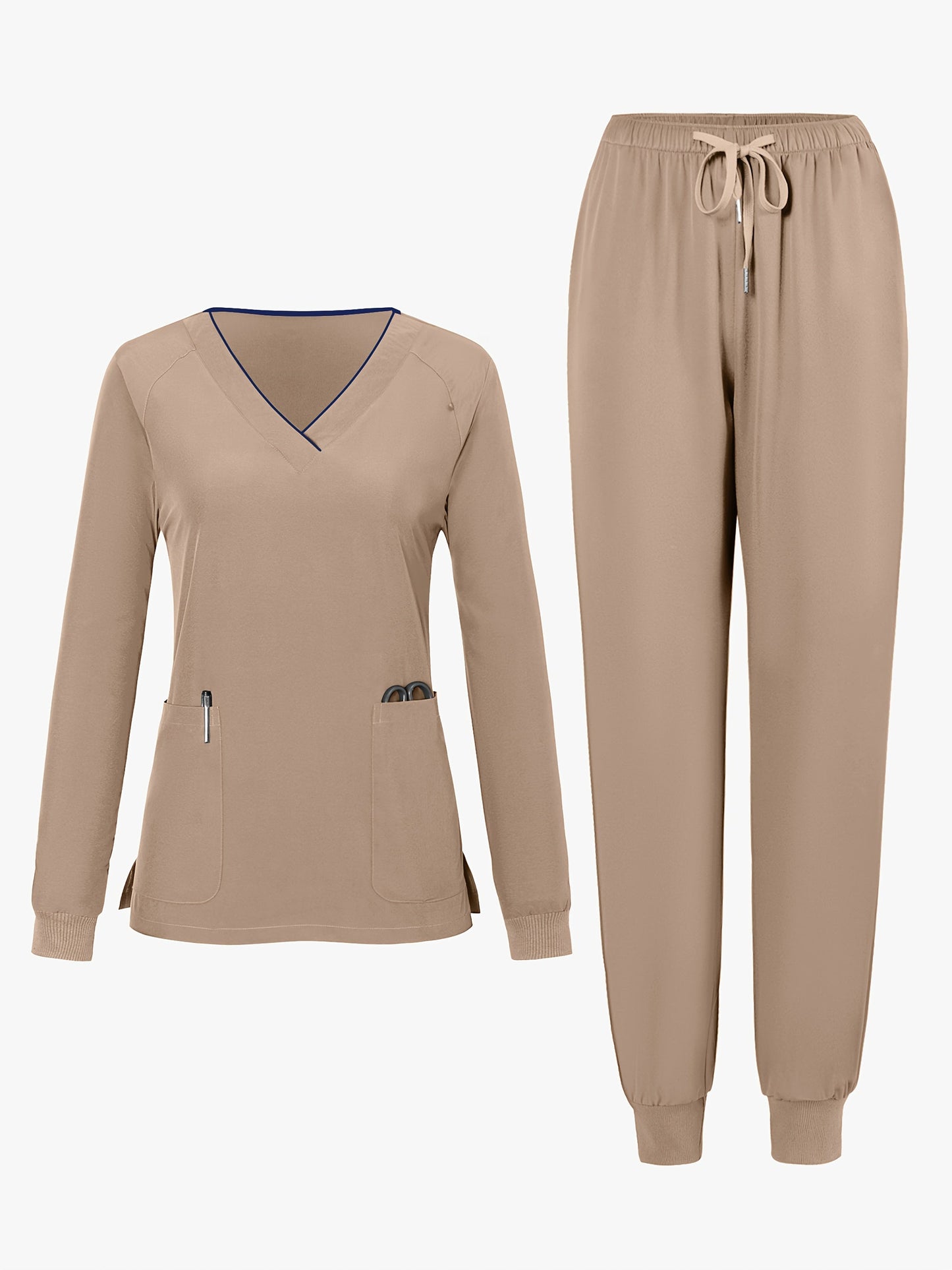 Women's Pants Set – Women's Dark Green V-Neck Long-Sleeve Pants detail view