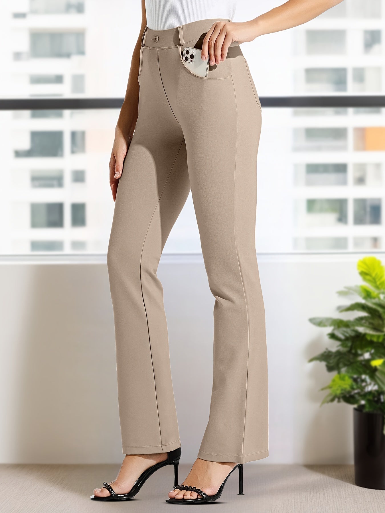 Women's Pants – Women's Khaki Brown Knit High-Waist Dress detail view