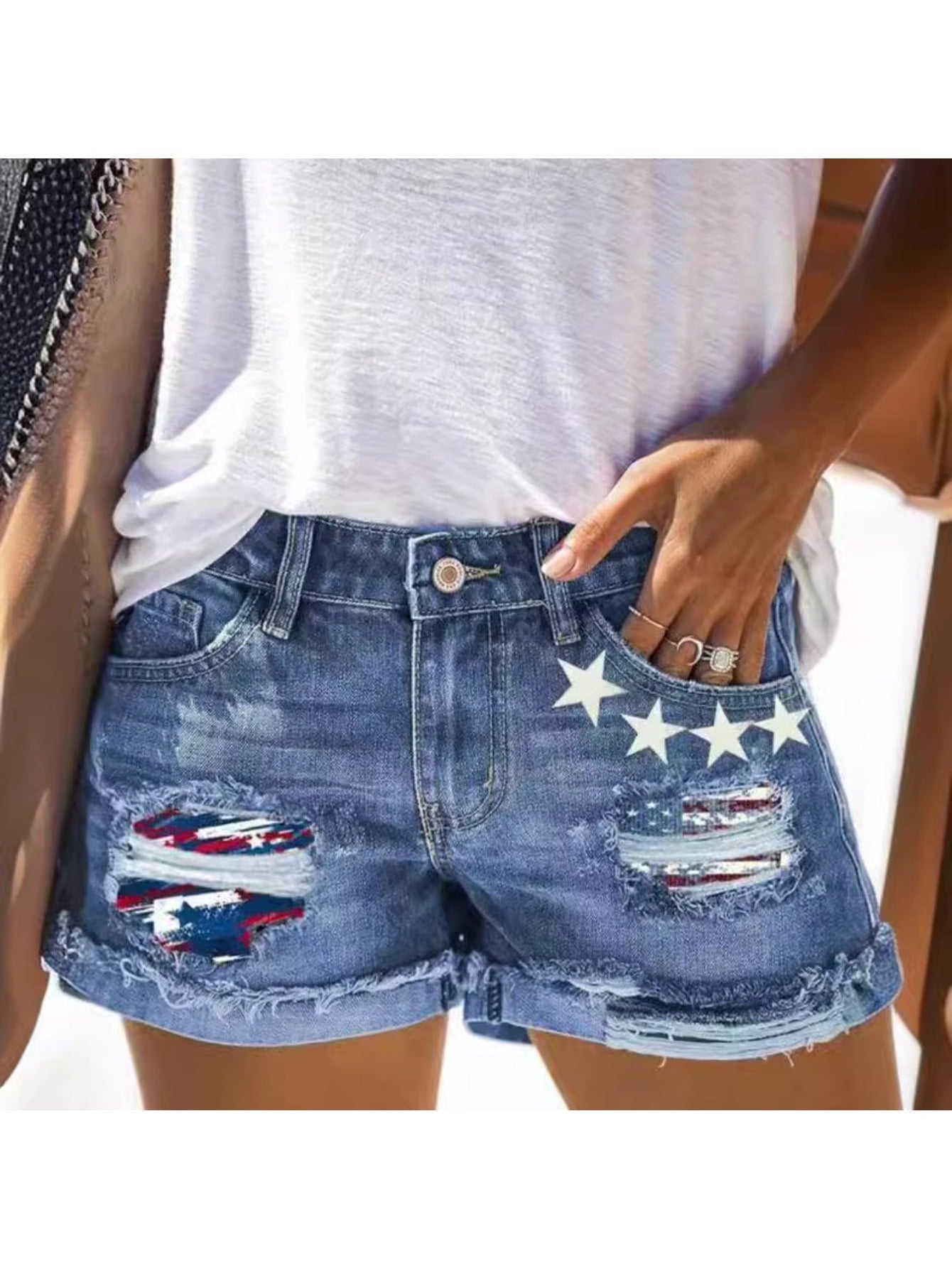 Women's Patchwork Denim Shorts - Distressed Cuff Hem detail view