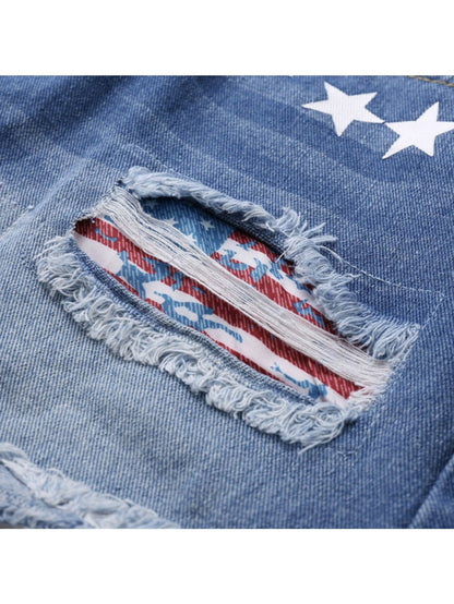 Women's Patchwork Denim Shorts - Distressed Cuff Hem detail view
