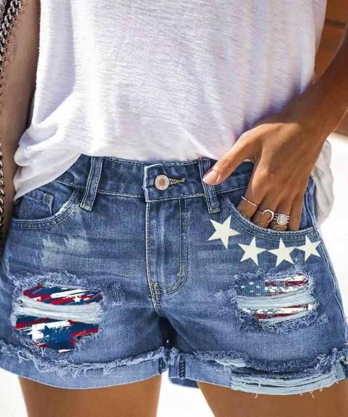 Women's Patchwork Denim Shorts - Distressed Cuff Hem detail view