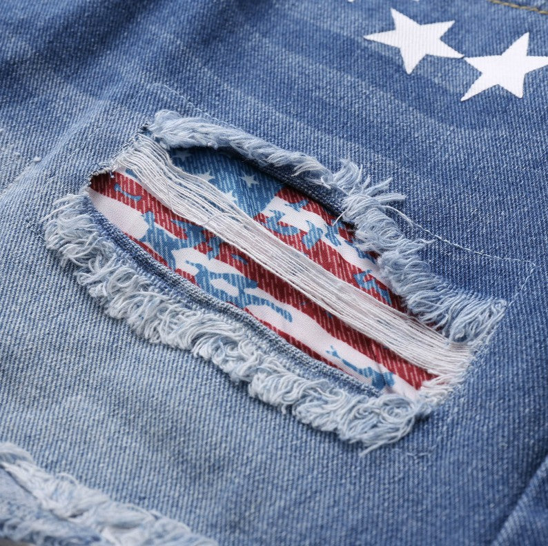 Women's Patchwork Denim Shorts - Distressed Cuff Hem detail view