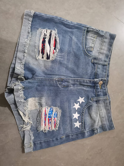 Women's Patchwork Denim Shorts - Distressed Cuff Hem detail view