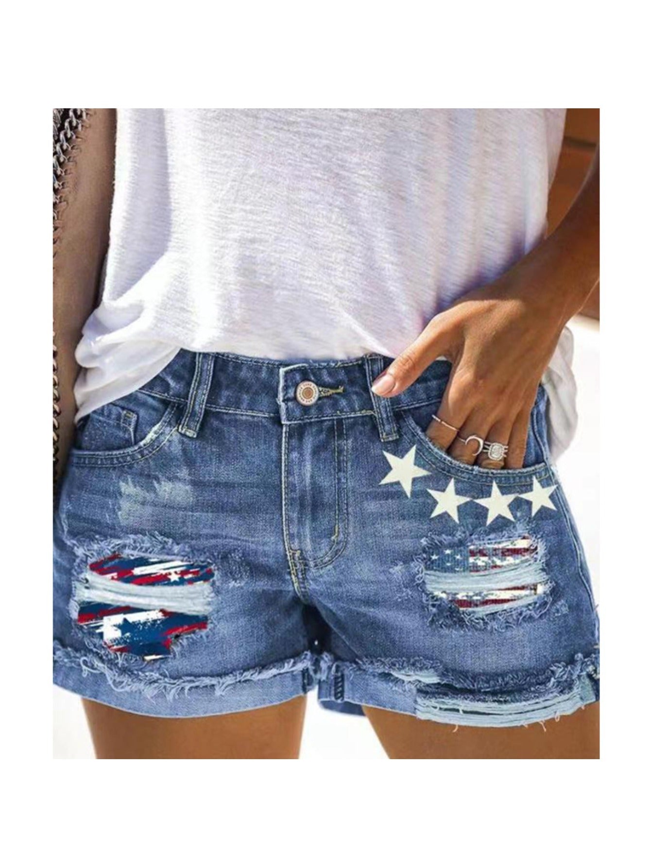 Women's Patchwork Denim Shorts - Distressed Cuff Hem detail view