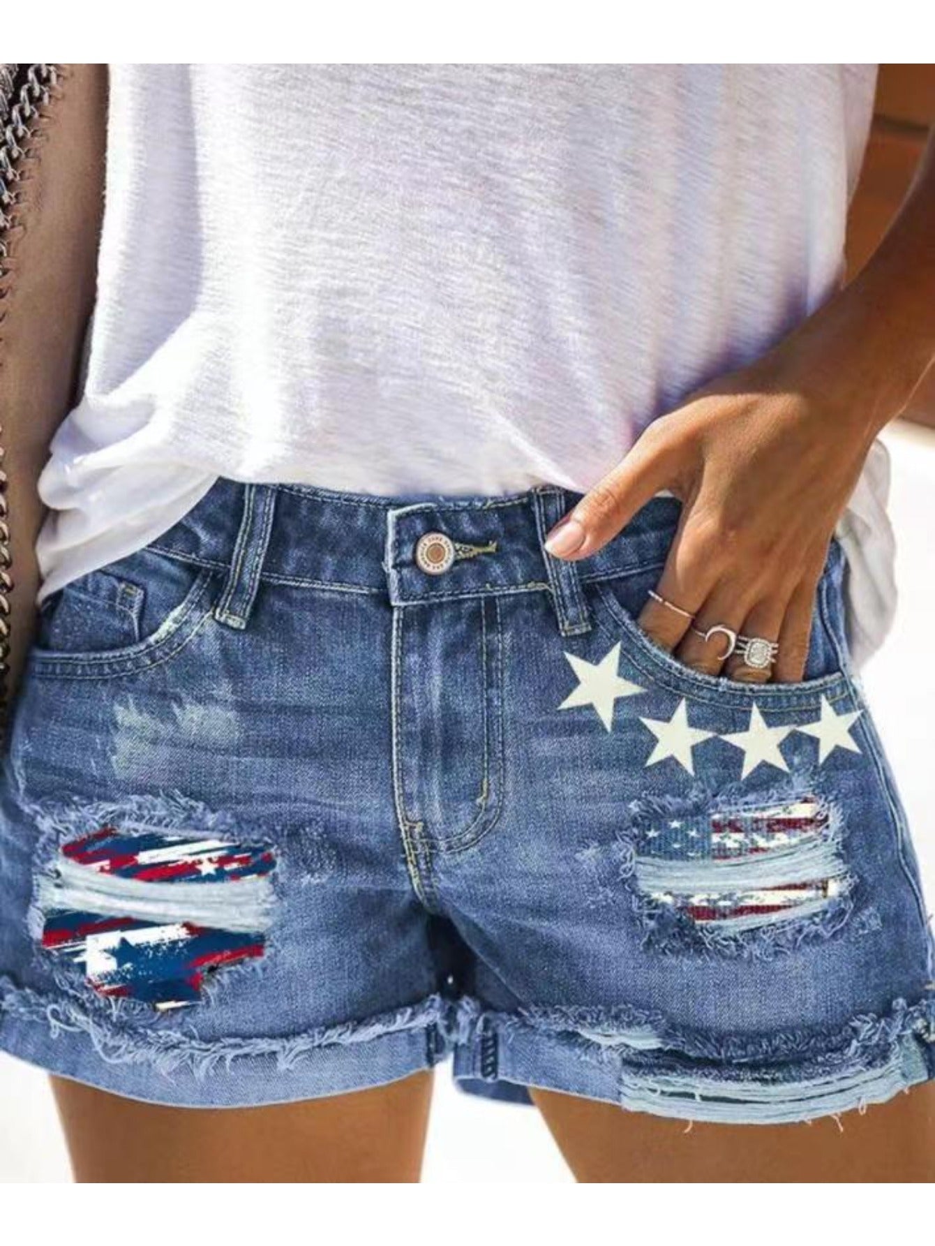 Women's Patchwork Denim Shorts - Distressed Cuff Hem – Blue option – main product image