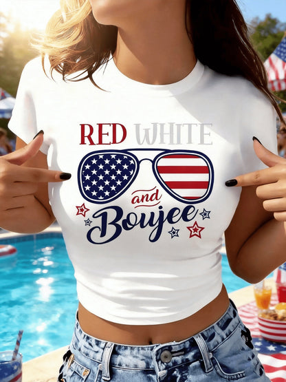 Women's Patriotic Crop T-Shirt - Round Neck Short Sleeve detail view