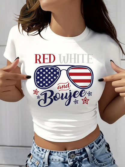 Women's Patriotic Crop T-Shirt - Round Neck Short Sleeve detail view