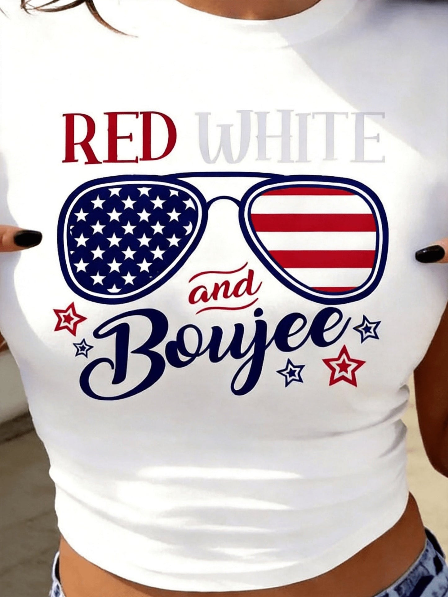 Women's Patriotic Crop T-Shirt - Round Neck Short Sleeve detail view