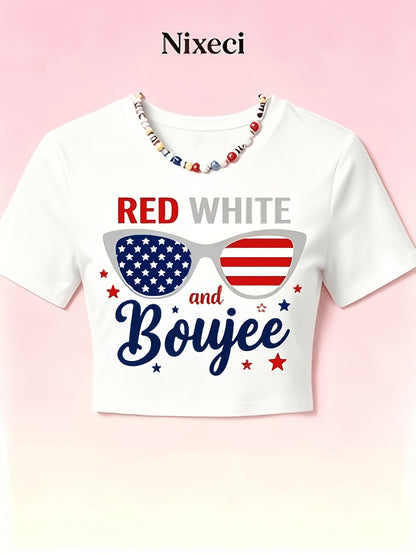 Women's Patriotic Crop T-Shirt - Round Neck Short Sleeve – White option – view 2