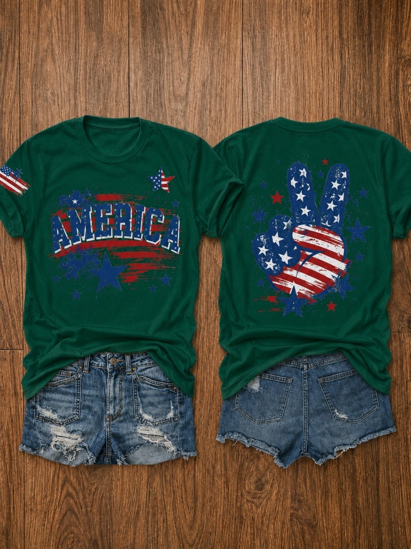 Women's Patriotic Graphic T-Shirt - Crew Neck Short Sleeve – Dark Green / Grey detail view