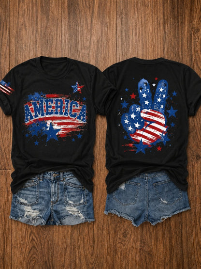 Women's Patriotic Graphic T-Shirt - Crew Neck Short Sleeve – Dark Green / Grey detail view