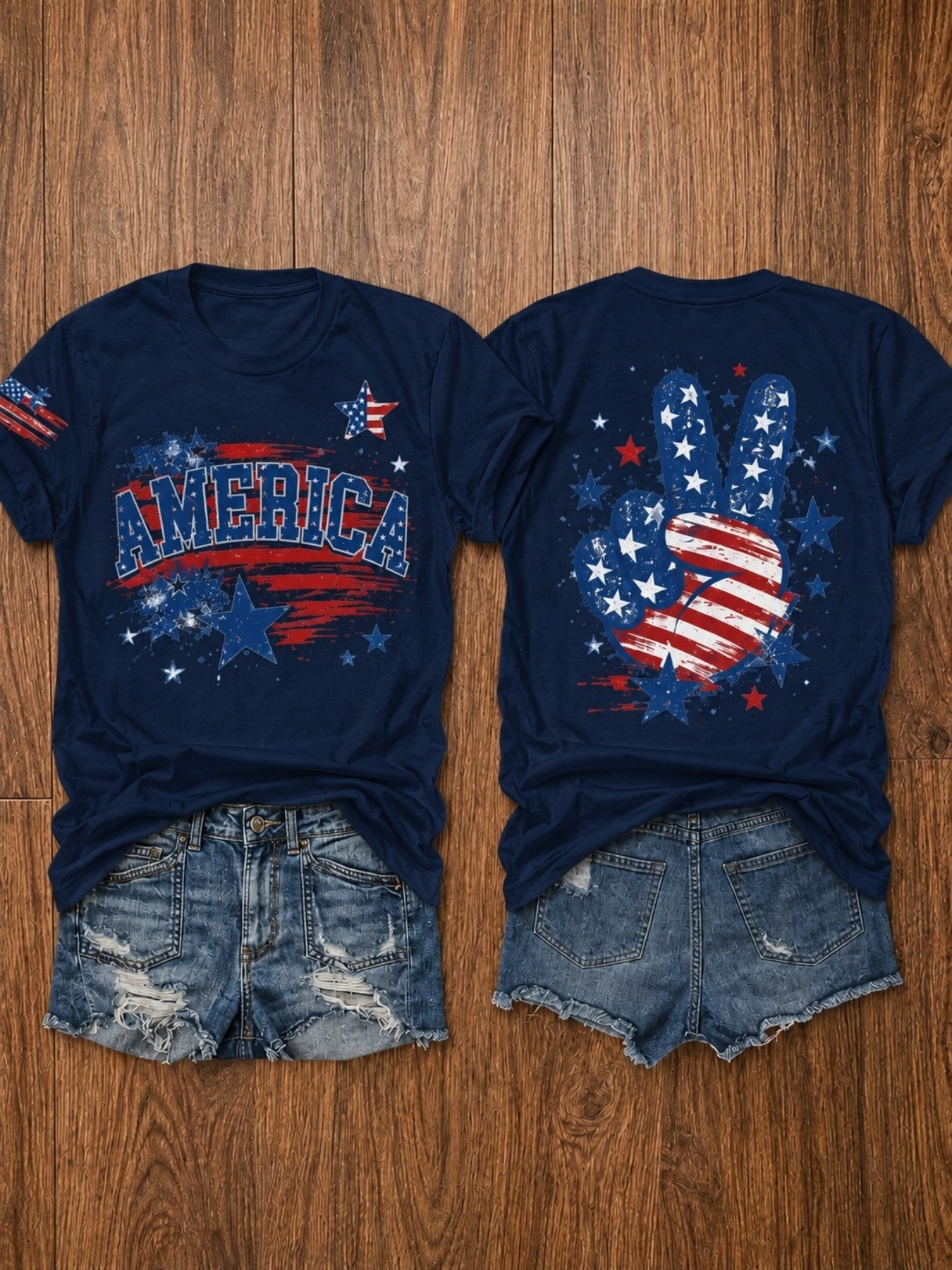 Women's Patriotic Graphic T-Shirt - Crew Neck Short Sleeve – Dark Green / Grey detail view