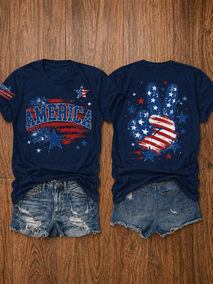 Women's Patriotic Graphic T-Shirt - Crew Neck Short Sleeve – Dark Green / Grey detail view