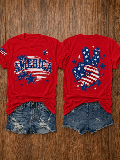 Women's Patriotic Graphic T-Shirt - Crew Neck Short Sleeve – Dark Green / Grey detail view